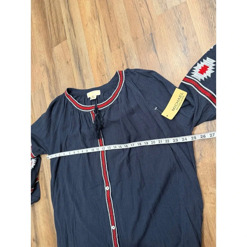 Michael Kors M Navy Embroidered Peasant Tunic Dress Button Front NWT